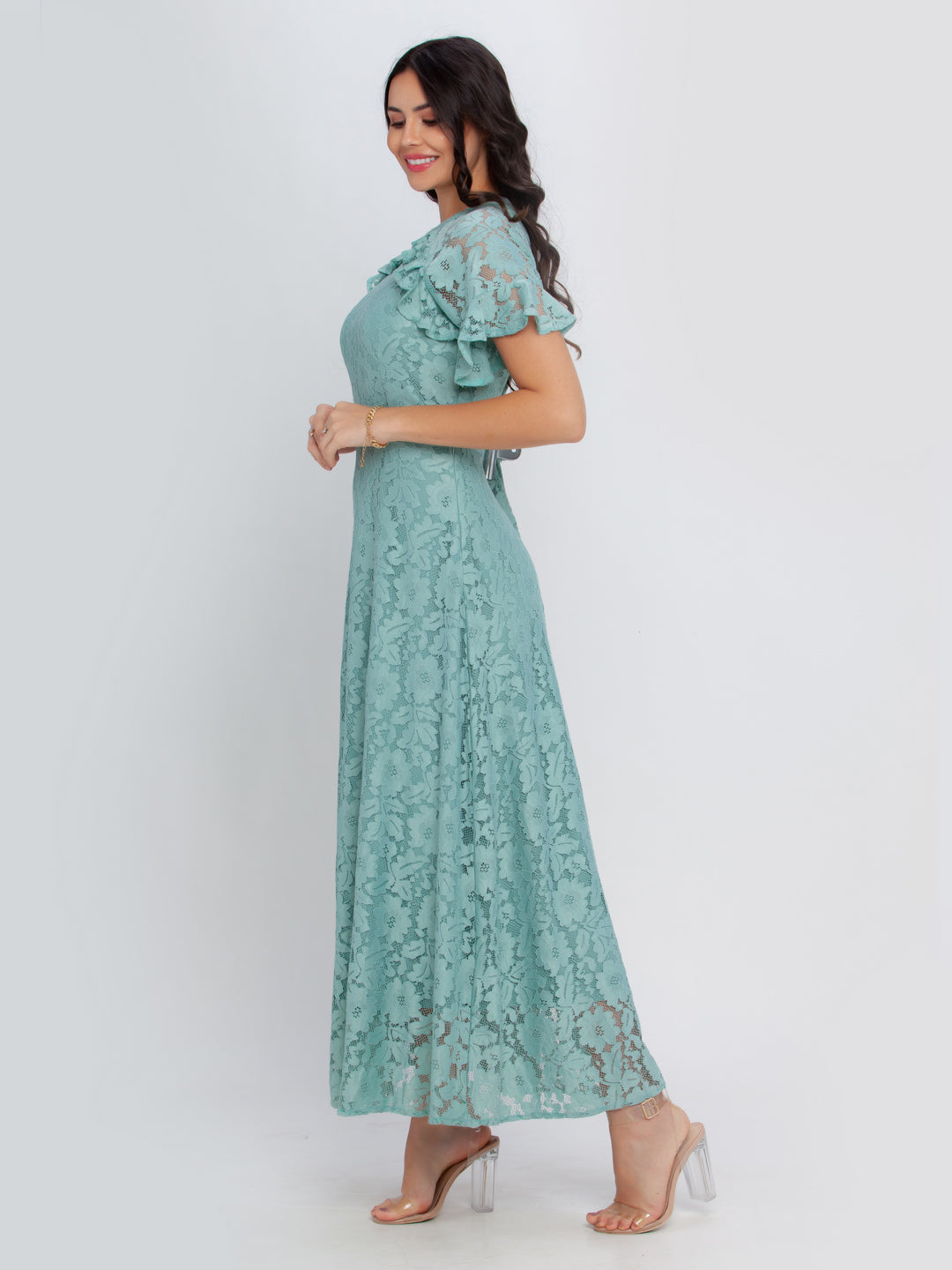 Green Self Design Flared Sleeve Maxi Dress