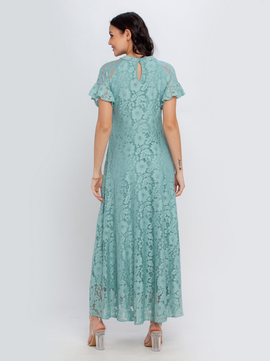 Green Self Design Flared Sleeve Maxi Dress