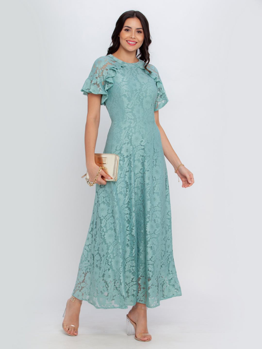 Green Self Design Flared Sleeve Maxi Dress