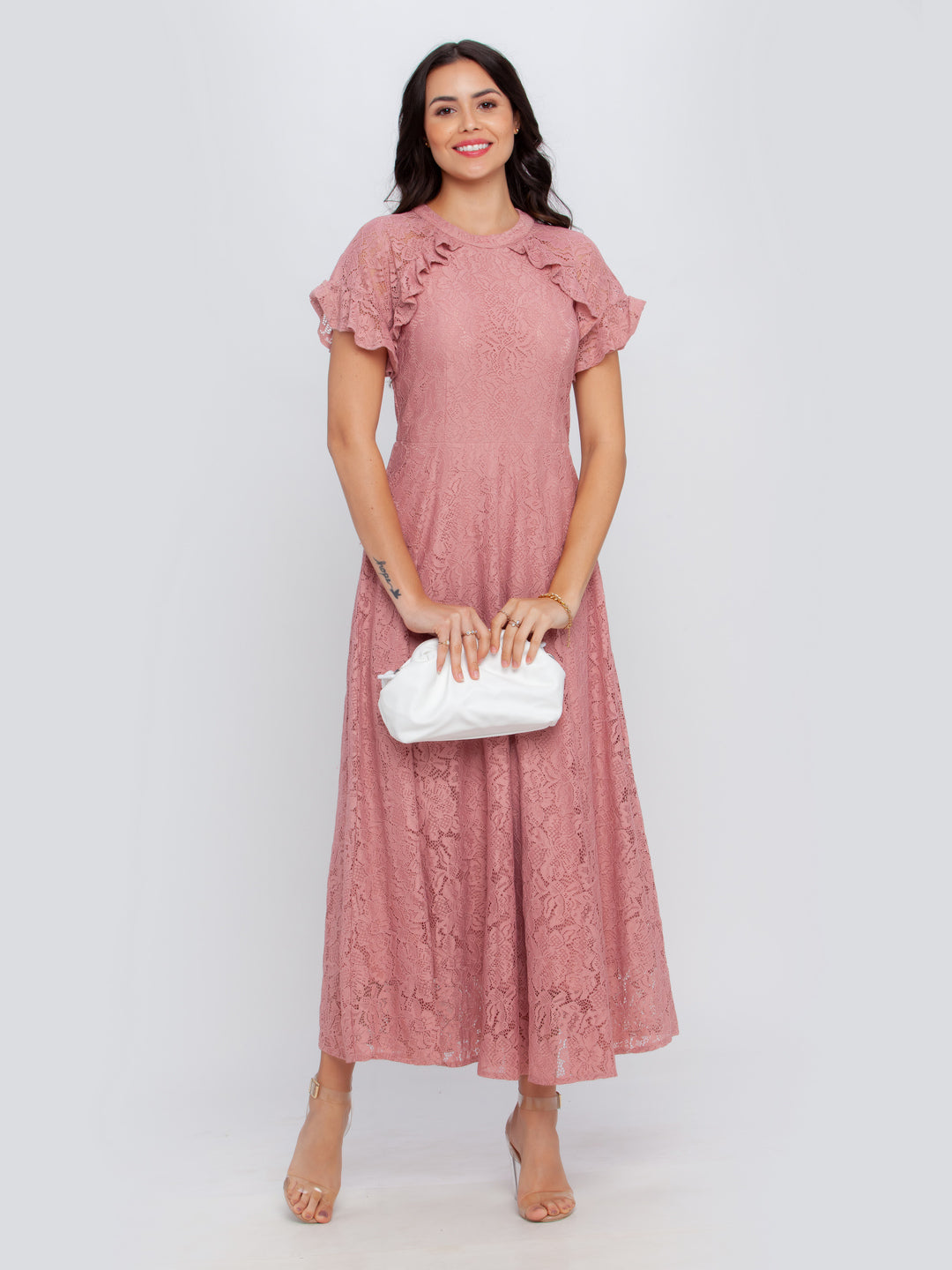 Pink Self Design Flared Sleeve Maxi Dress