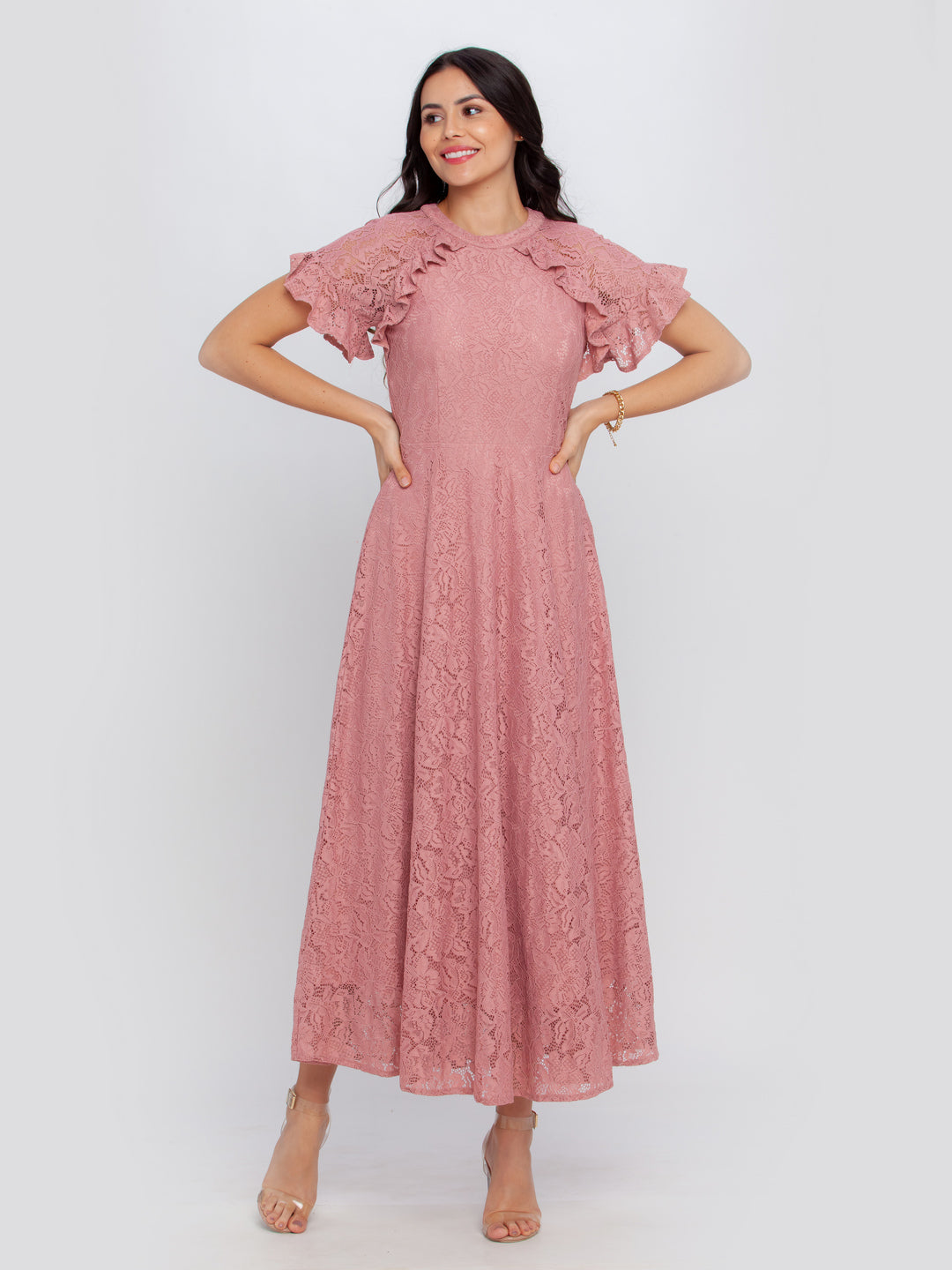 Pink Self Design Flared Sleeve Maxi Dress