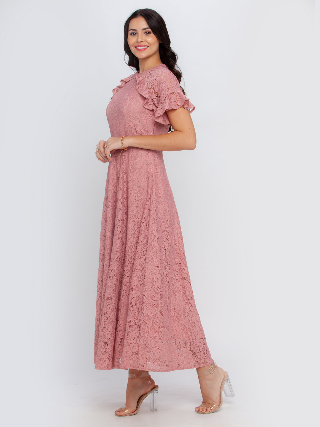 Pink Self Design Flared Sleeve Maxi Dress