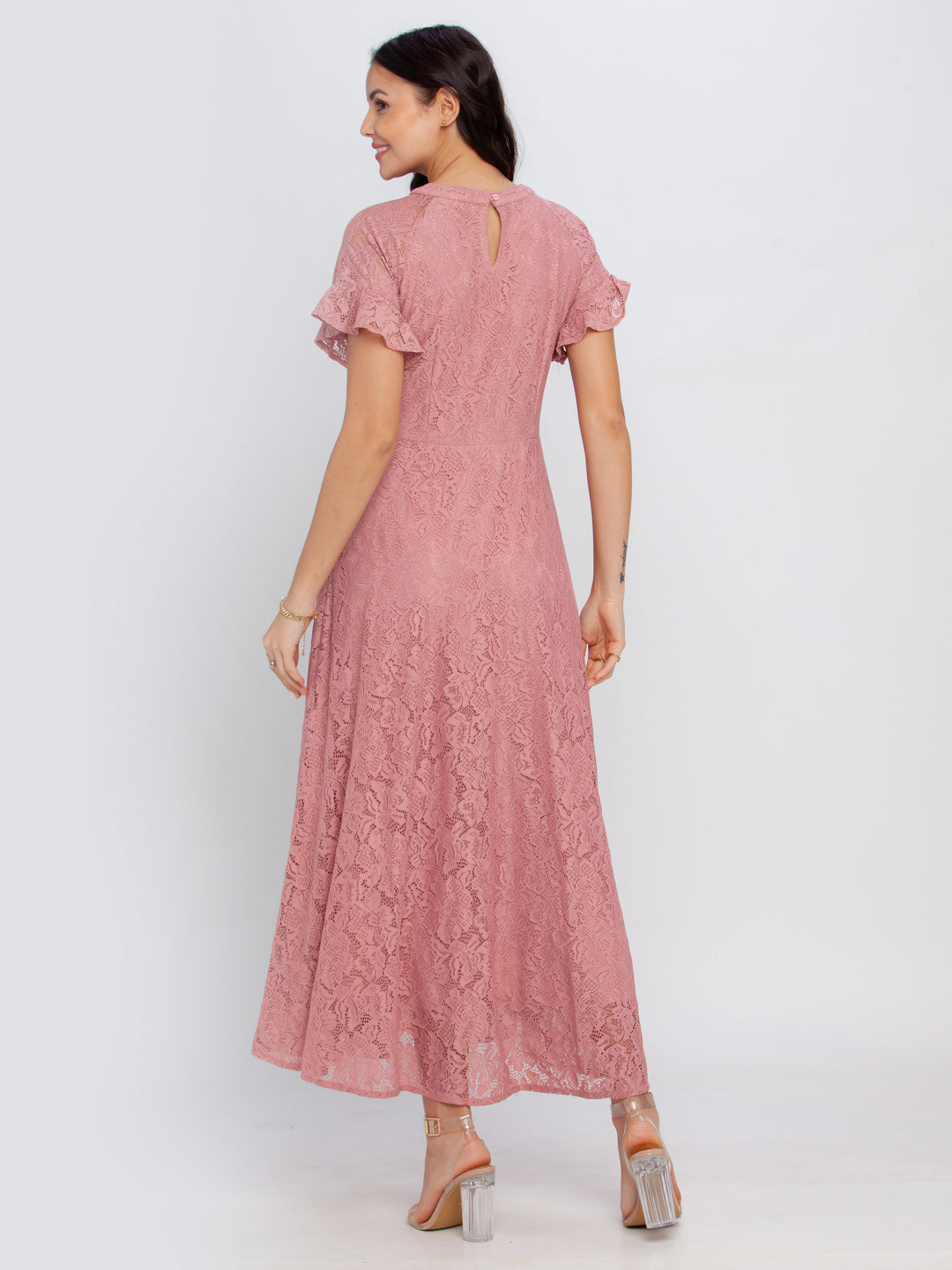 Pink Self Design Flared Sleeve Maxi Dress