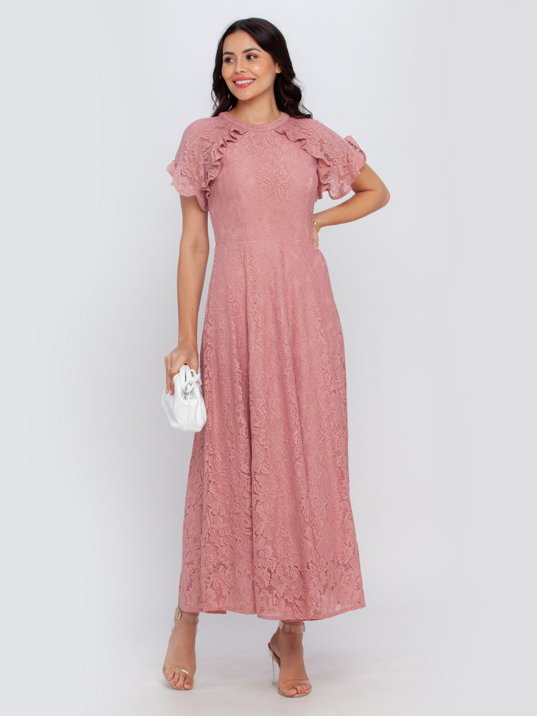 Pink Self Design Flared Sleeve Maxi Dress