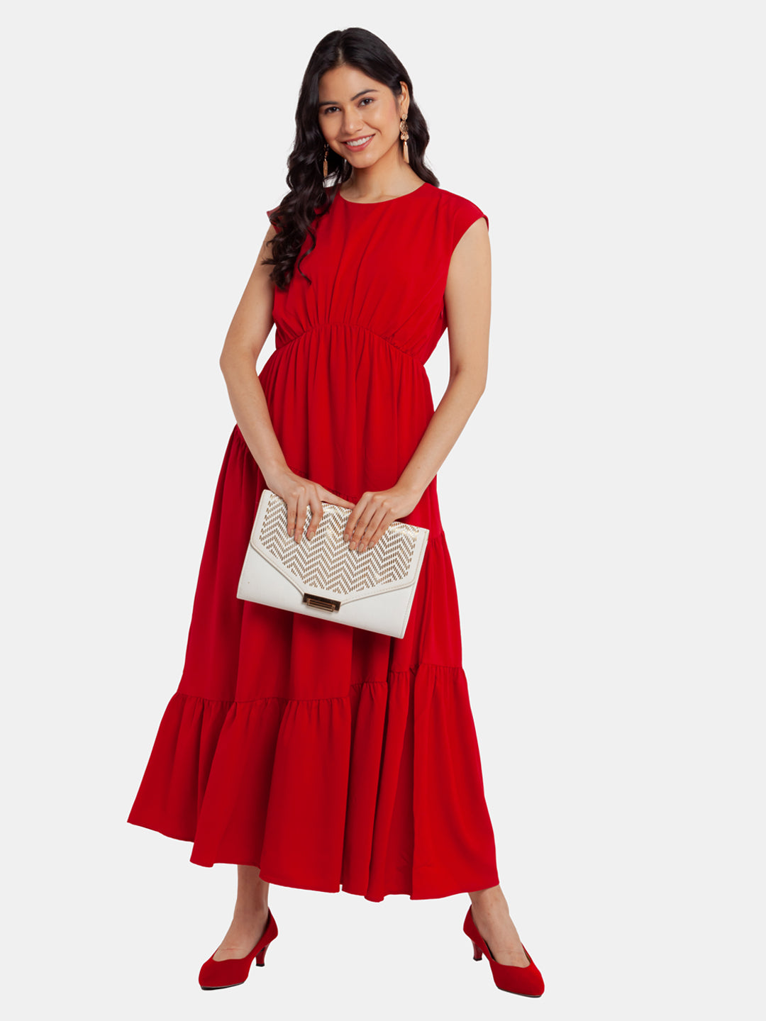 Red Solid Tiered Maxi Dress