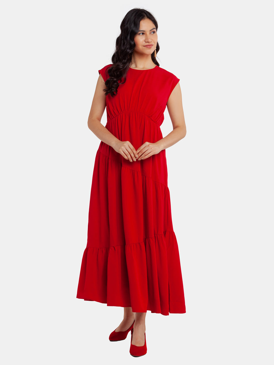 Red Solid Tiered Maxi Dress