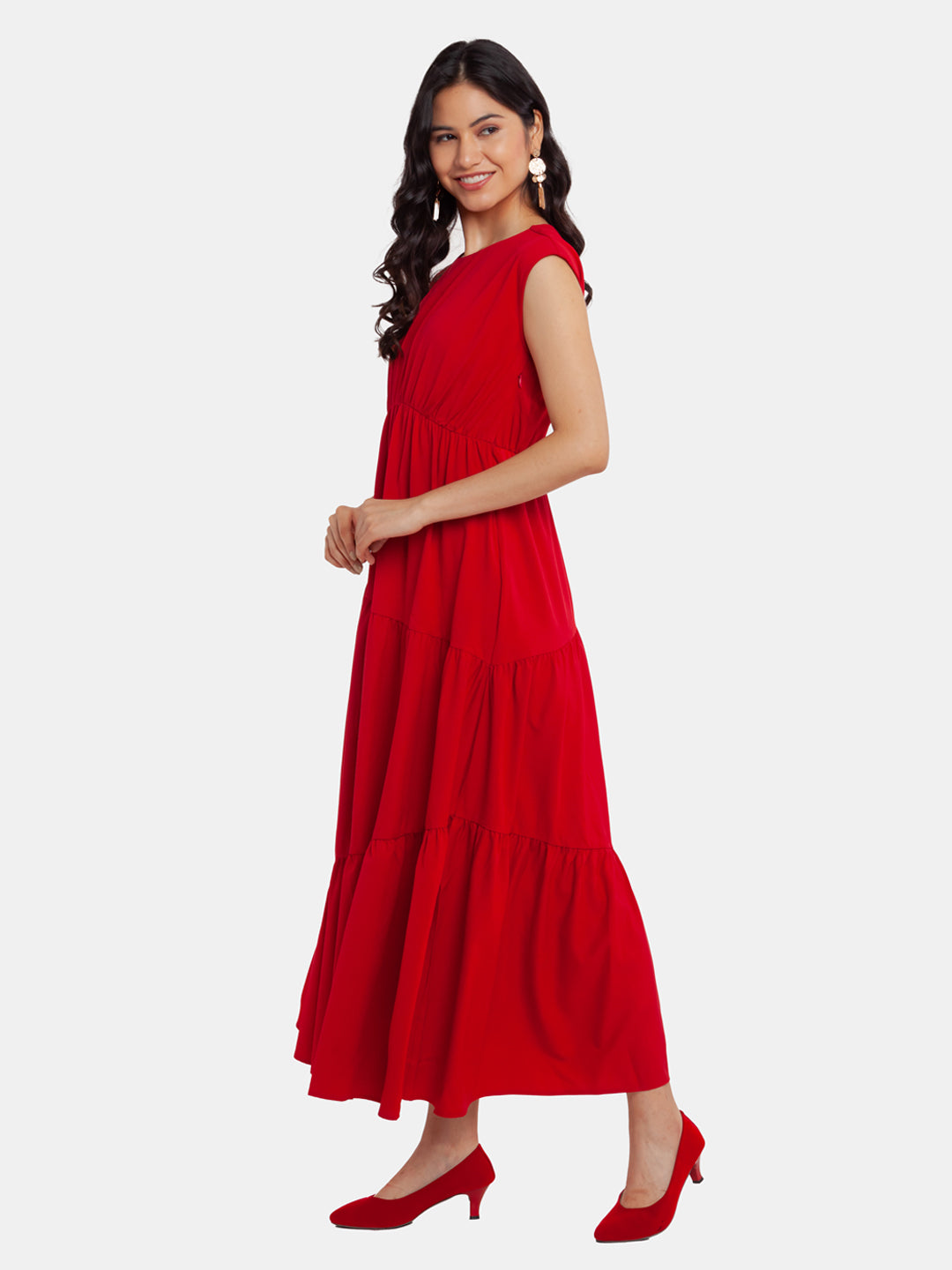 Red Solid Tiered Maxi Dress