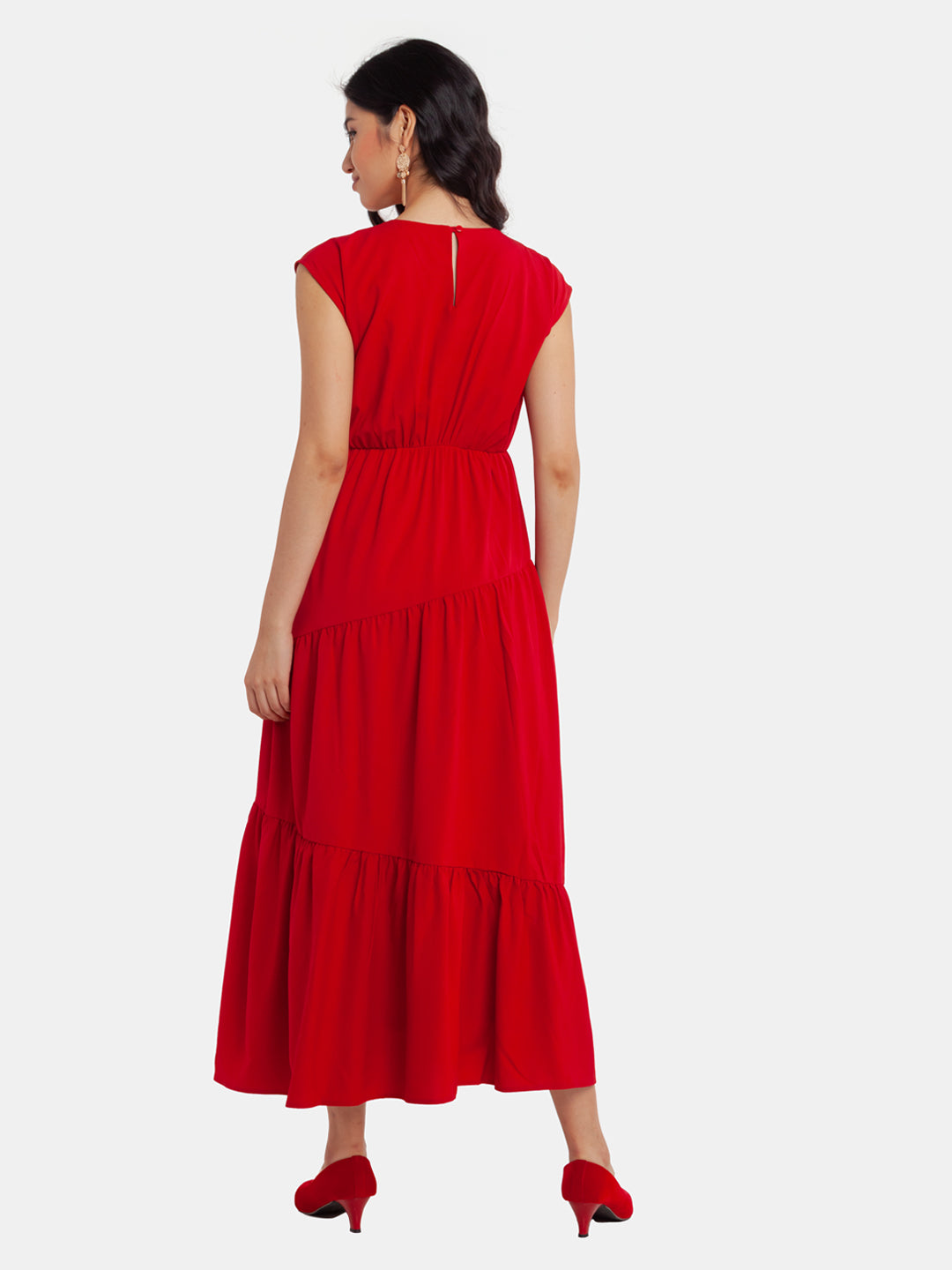 Red Solid Tiered Maxi Dress