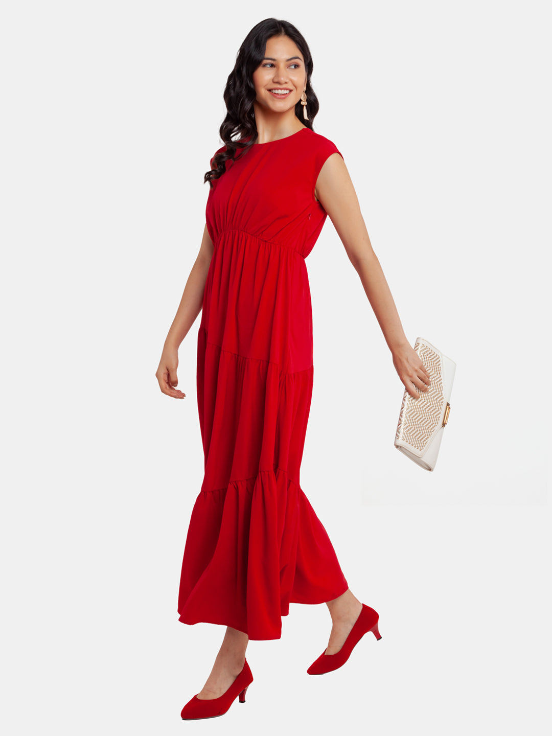 Red Solid Tiered Maxi Dress For Women