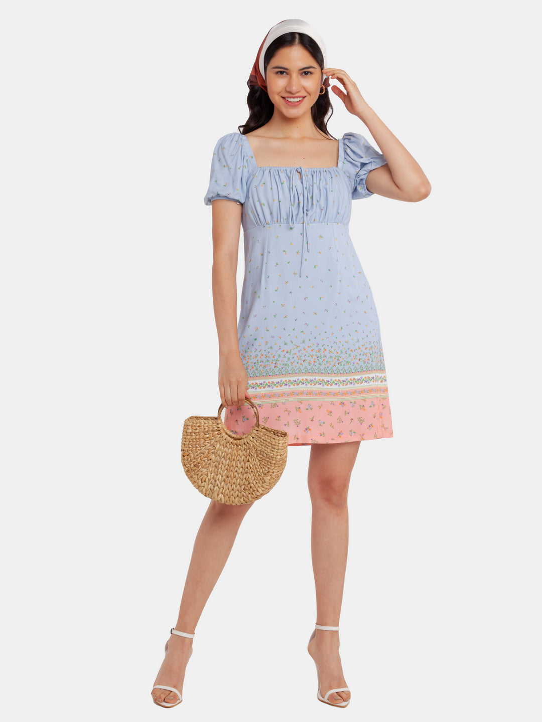 Blue Printed Puff Sleeve Short Dress For Women