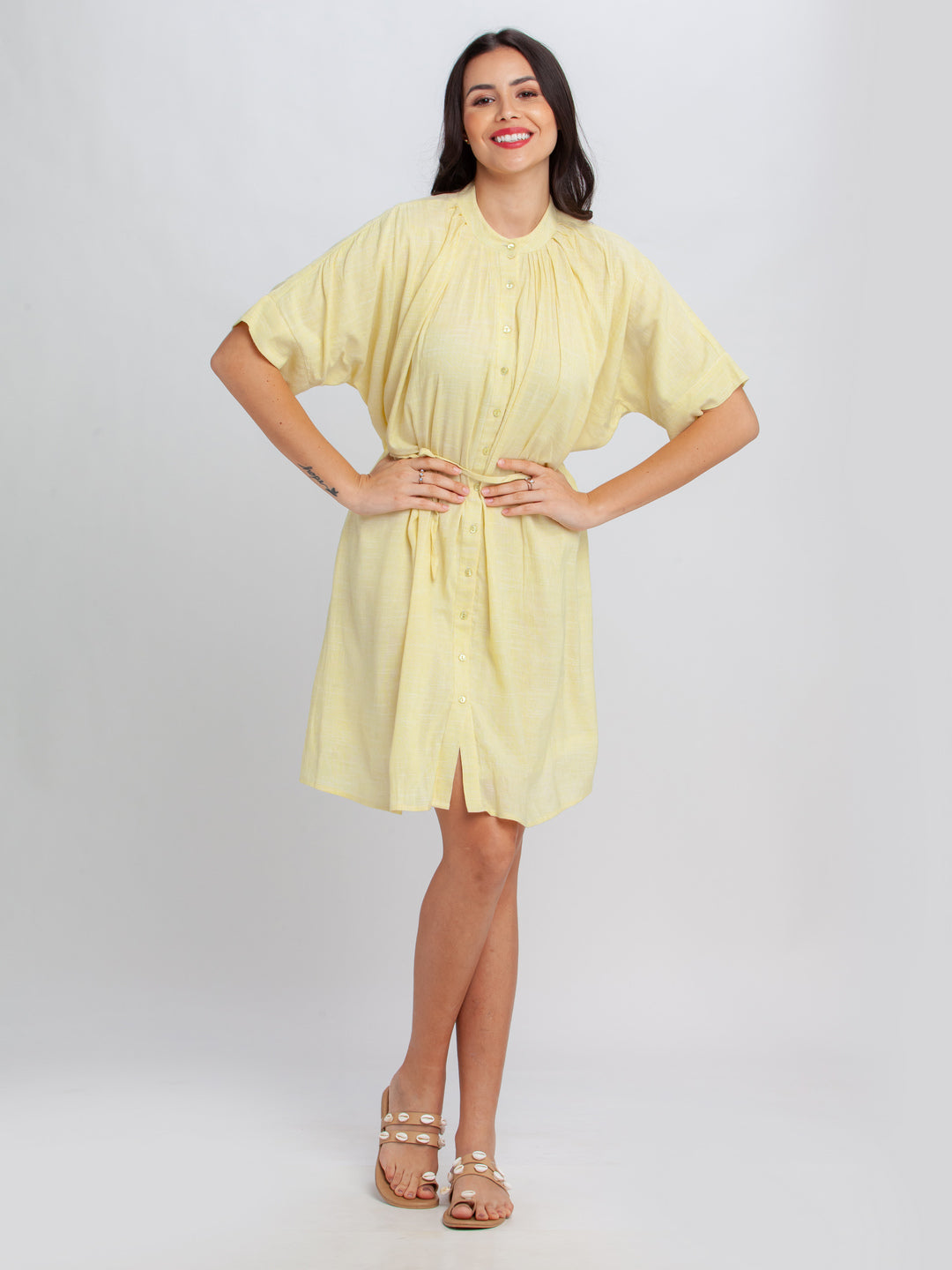 Yellow Solid Pleated Short Dress