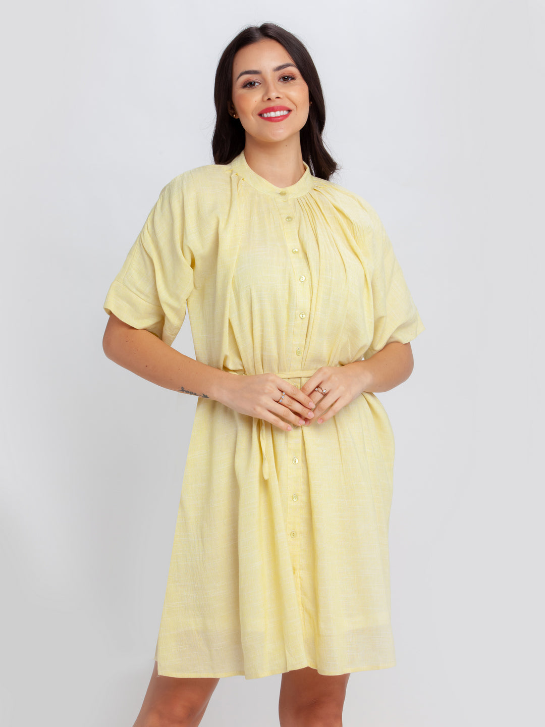 Yellow Solid Pleated Short Dress For Women