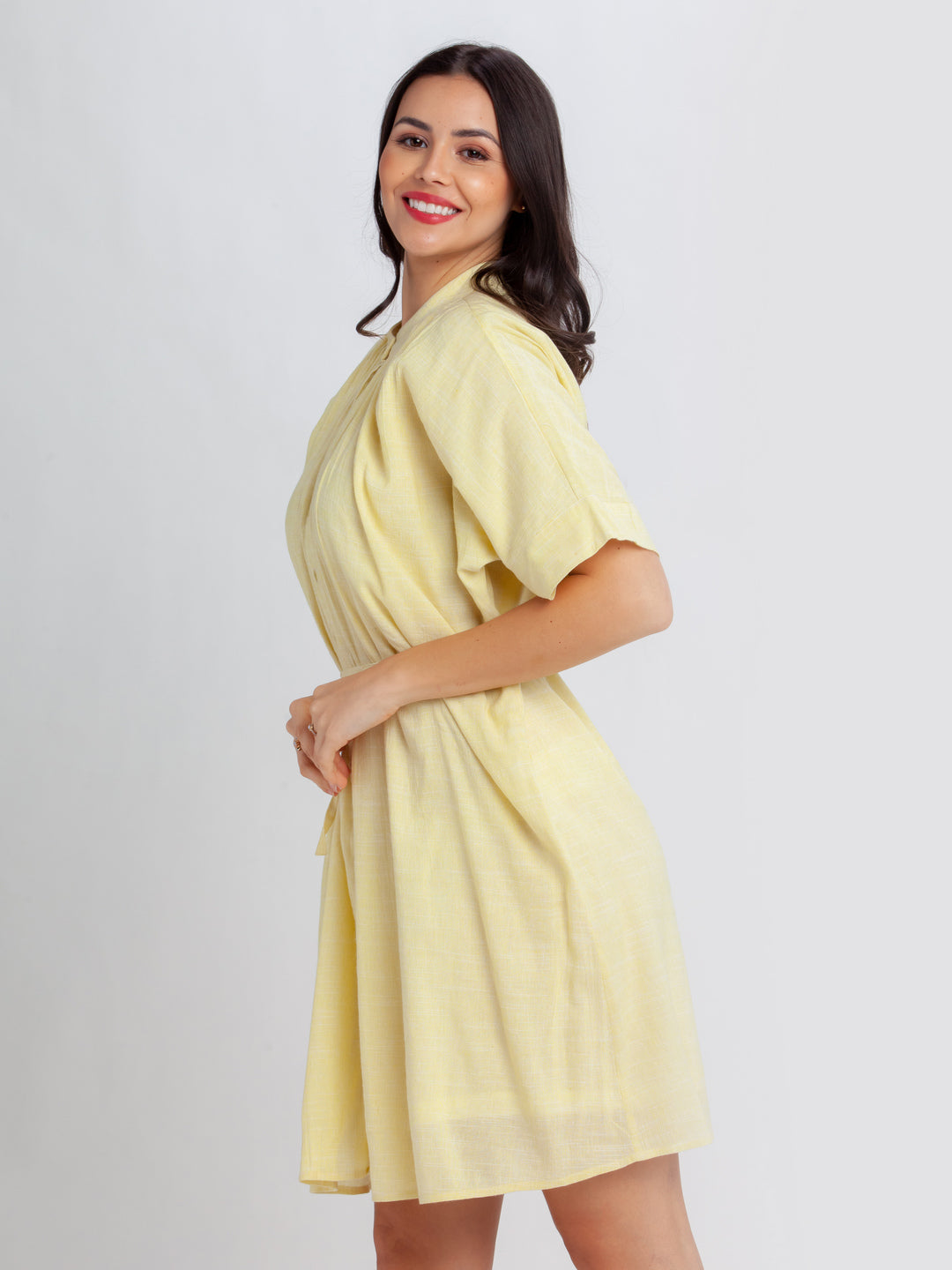 Yellow Solid Pleated Short Dress