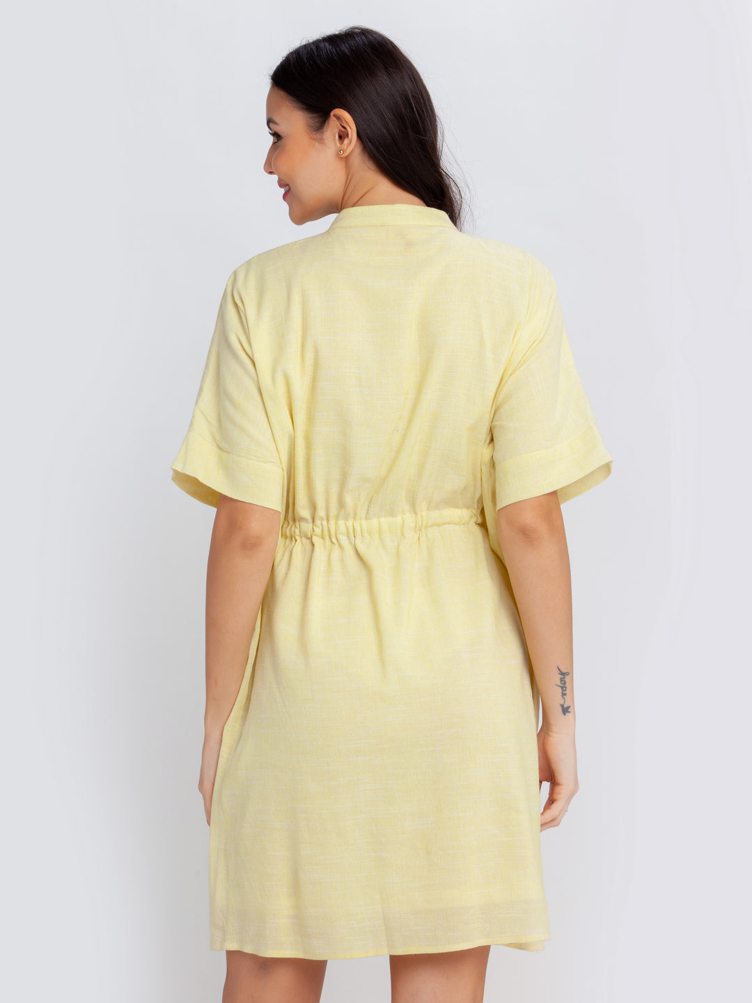Yellow Solid Pleated Short Dress For Women