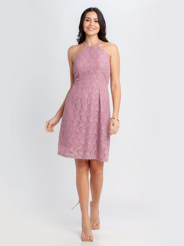 Pink Lace Strappy Short Dress For Women