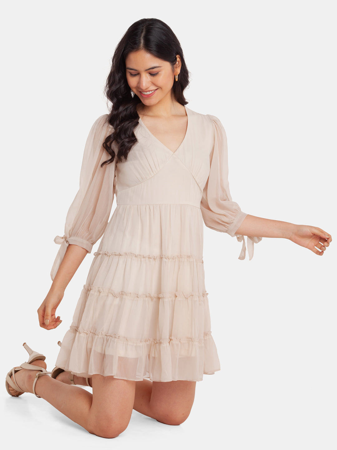 Beige Solid Tiered Short Dress