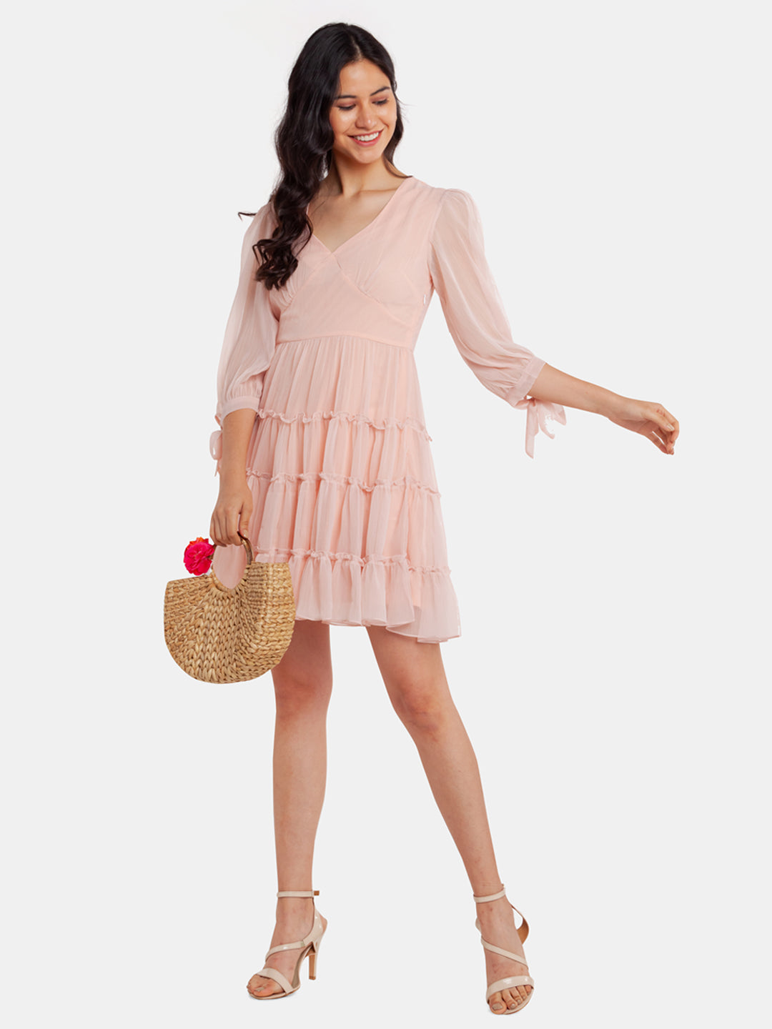 Pink Solid Tiered Short Dress