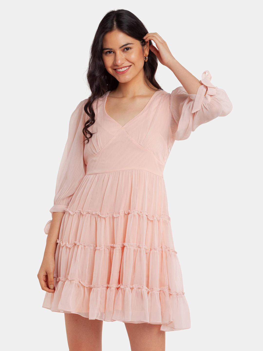 Pink Solid Tiered Short Dress