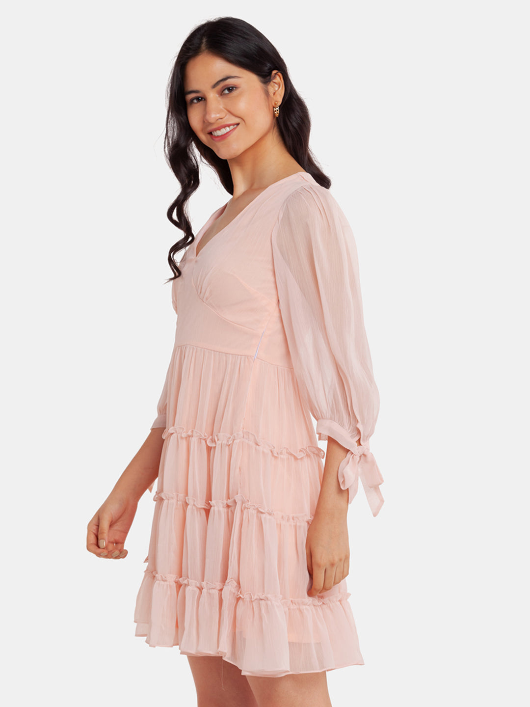 Pink Solid Tiered Short Dress