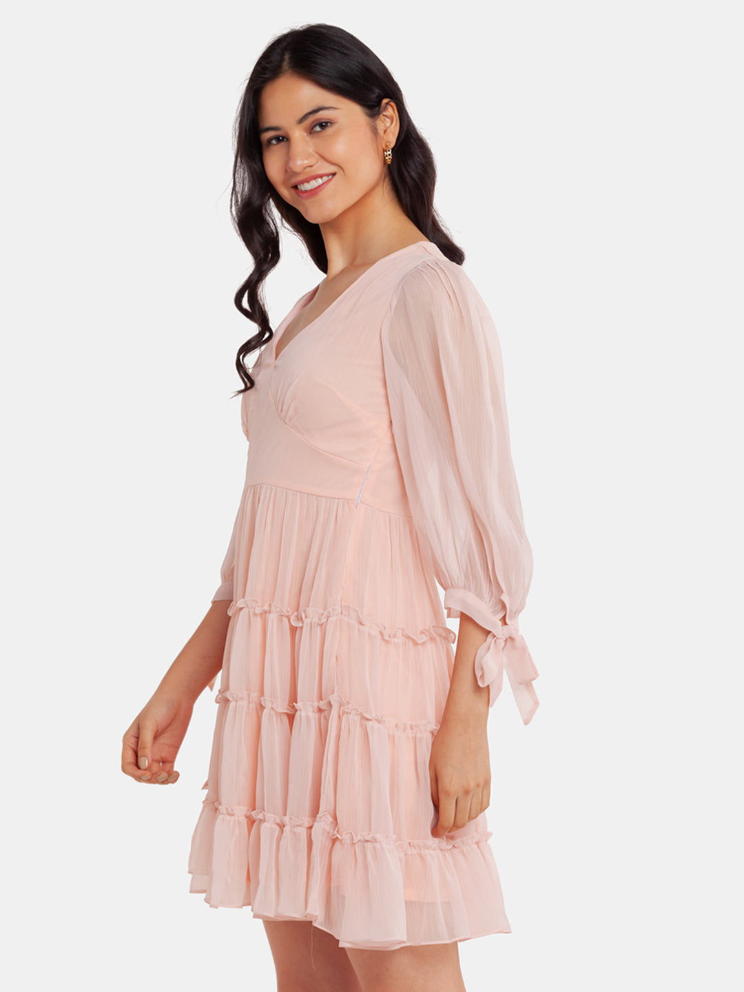 Pink Solid Tiered Short Dress For Women