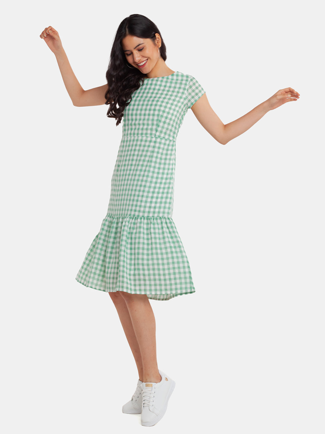 Green Checked Tiered Midi Dress