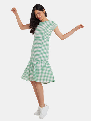 Green Checked Tiered Midi Dress For Women