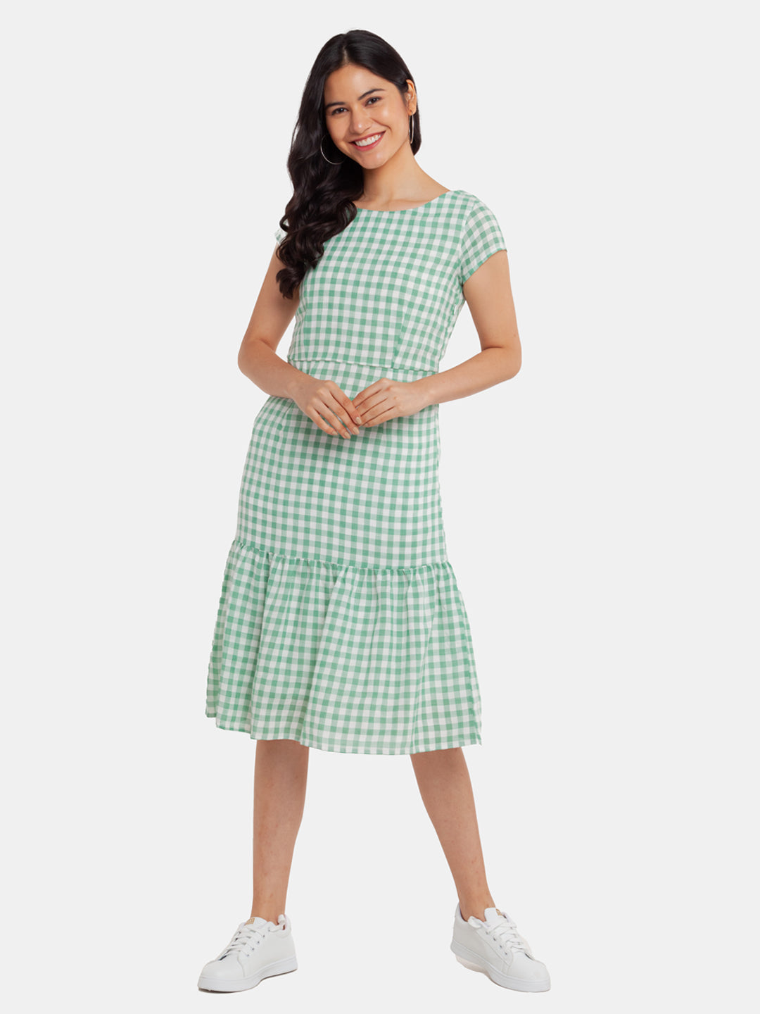 Green Checked Tiered Midi Dress