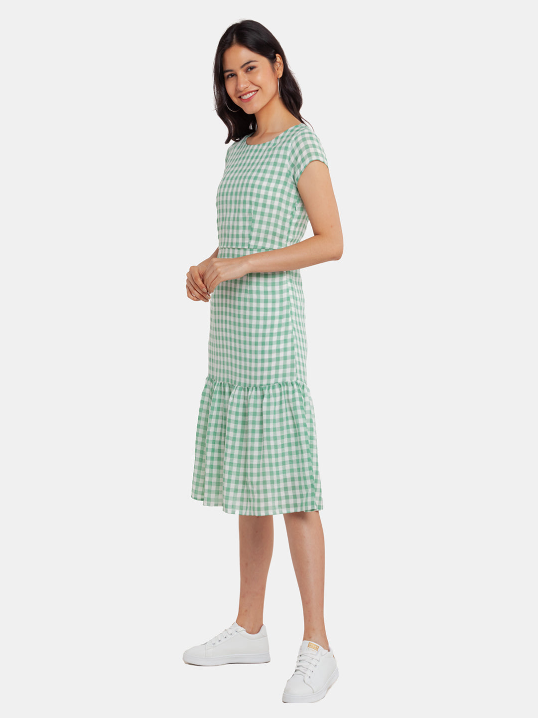 Green Checked Tiered Midi Dress