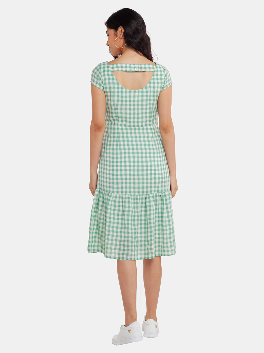 Green Checked Tiered Midi Dress