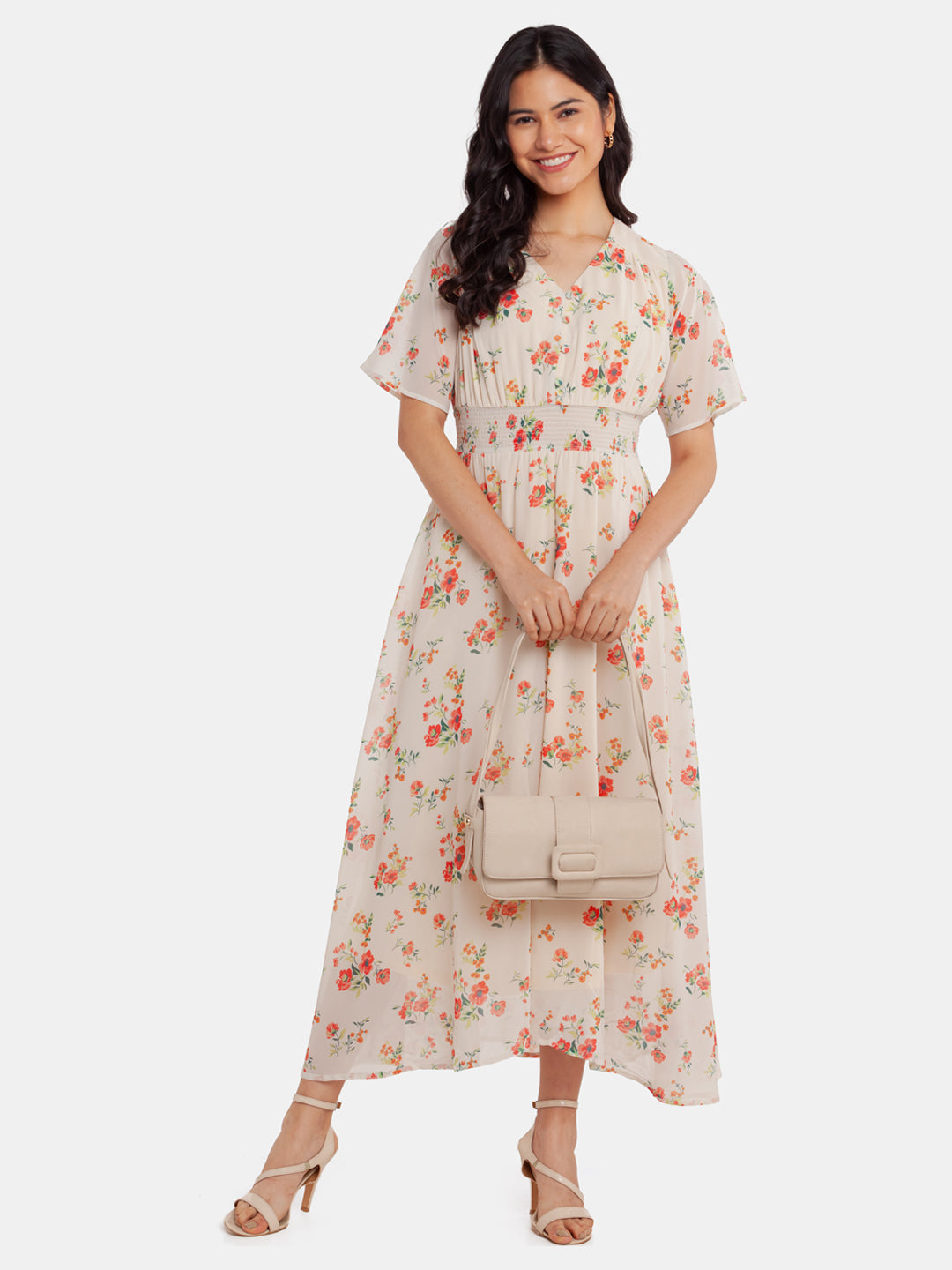 Off White Printed Elasticated Maxi Dress