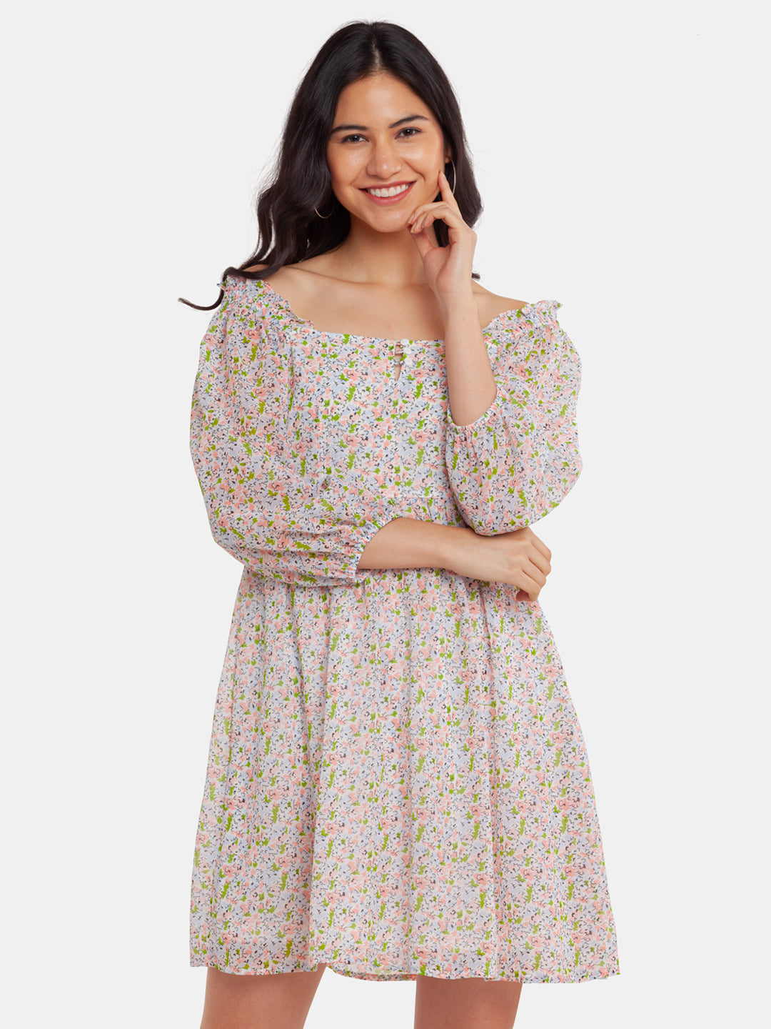 Off White Printed A-Line Short Dress for Women