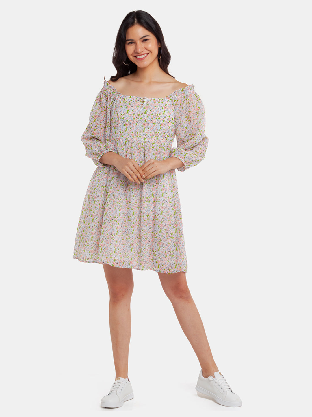 Off White Printed A-Line Short Dress for Women