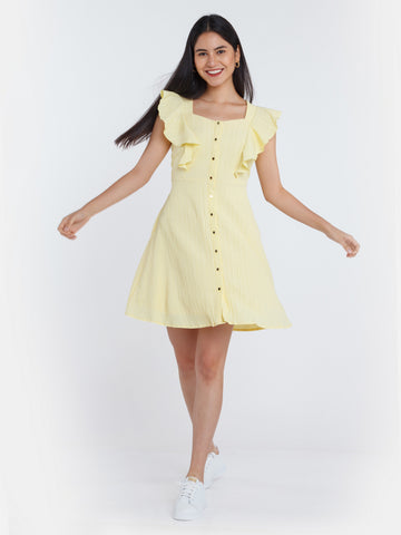 Yellow Solid Ruffled Short Dress For Women