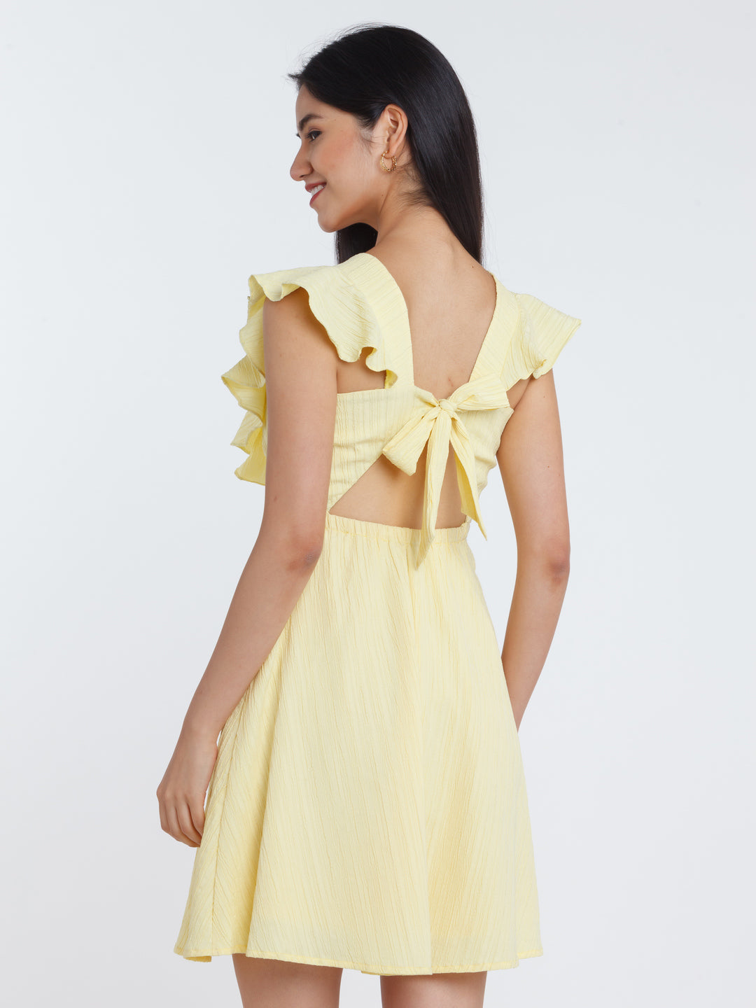 Yellow Solid Ruffled Short Dress For Women