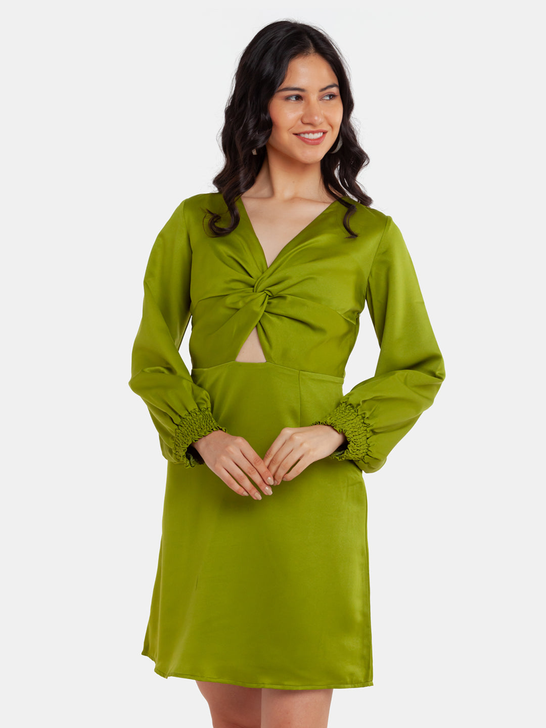 Green Solid Cutout Short Dress For Women