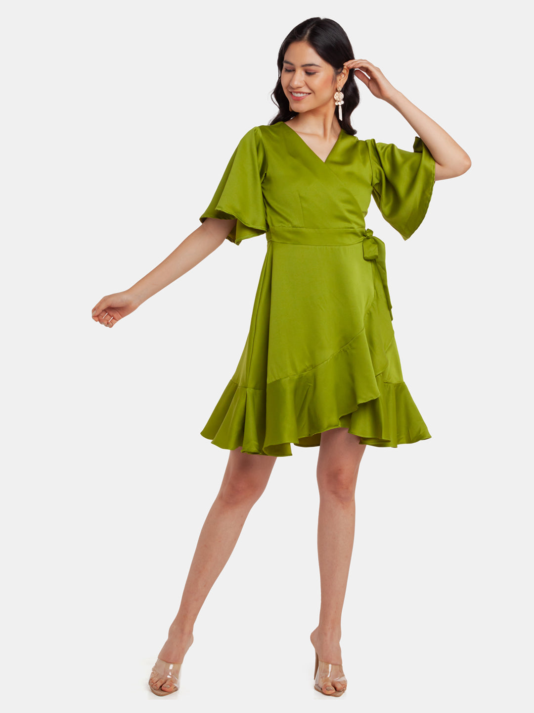 Green Solid Ruffled Short Dress