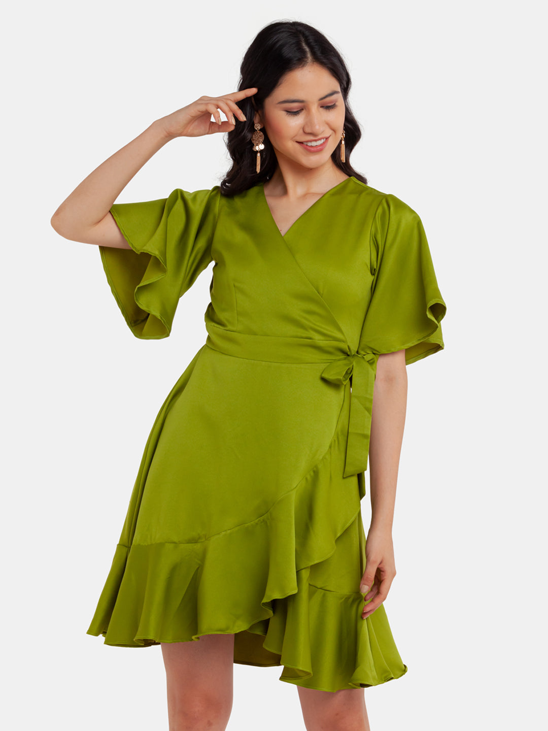 Green Solid Ruffled Short Dress For Women