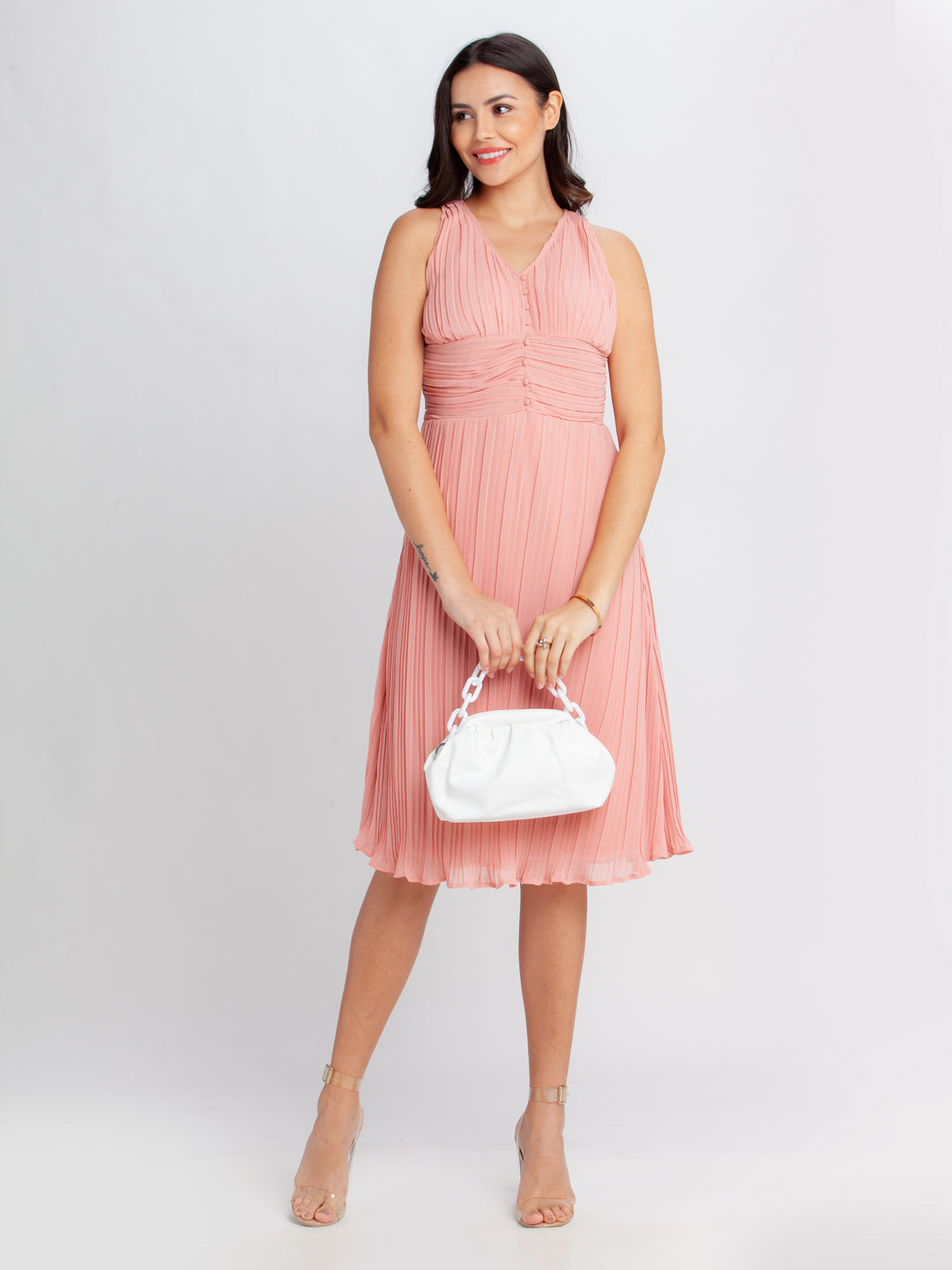 Pink Solid Elasticated Midi Dress For Women