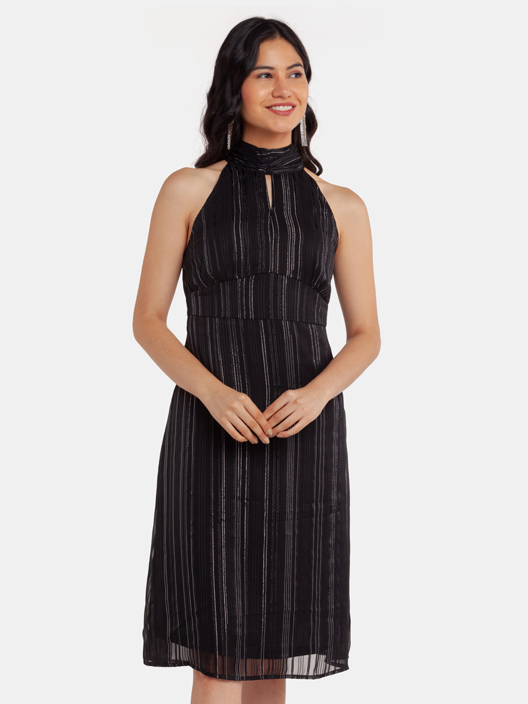 Black Striped A-Line Midi Dress