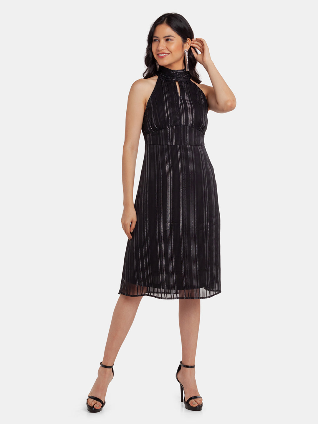 Black Striped A-Line Midi Dress