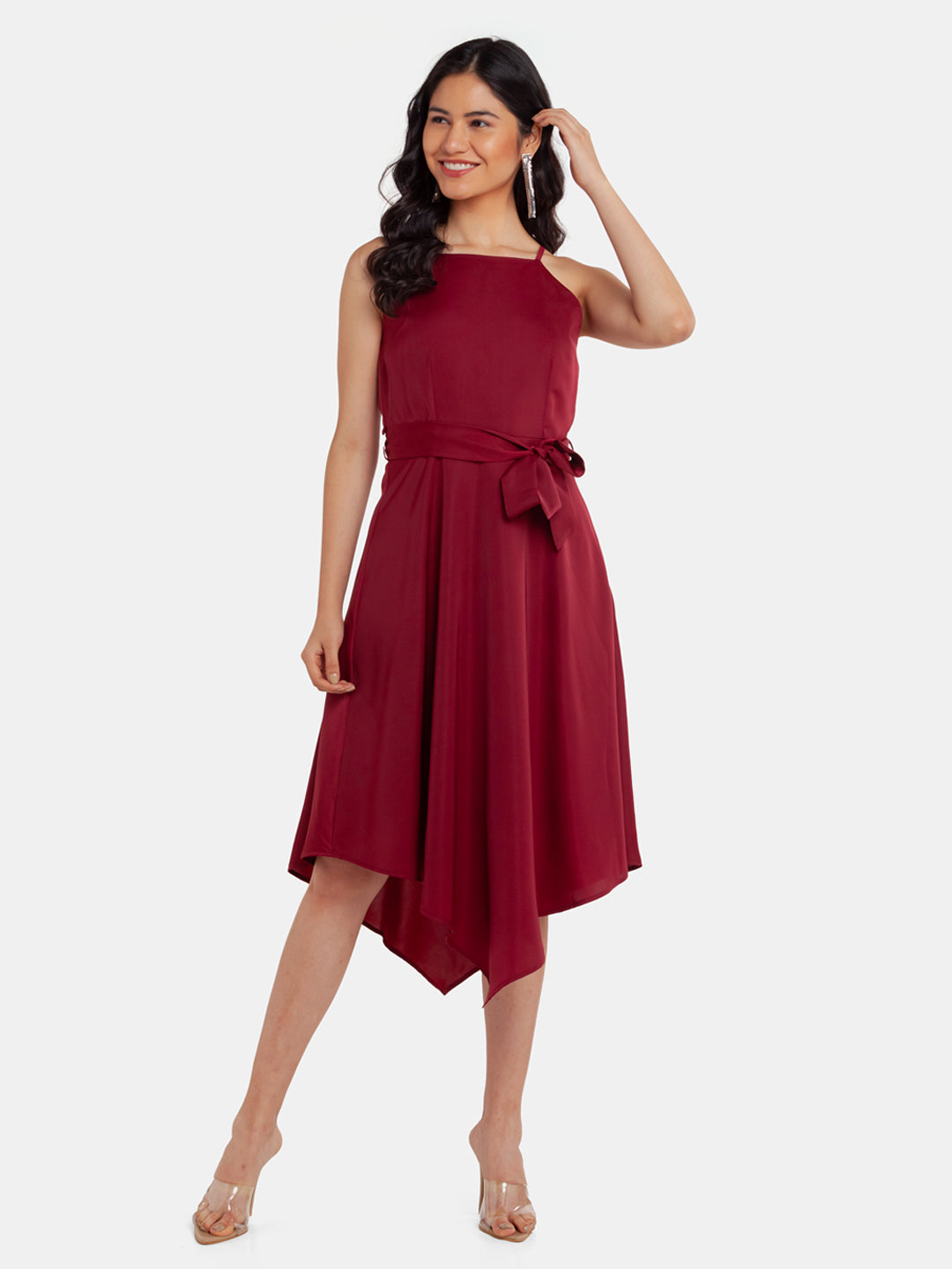 Maroon Solid Strappy Midi Dress