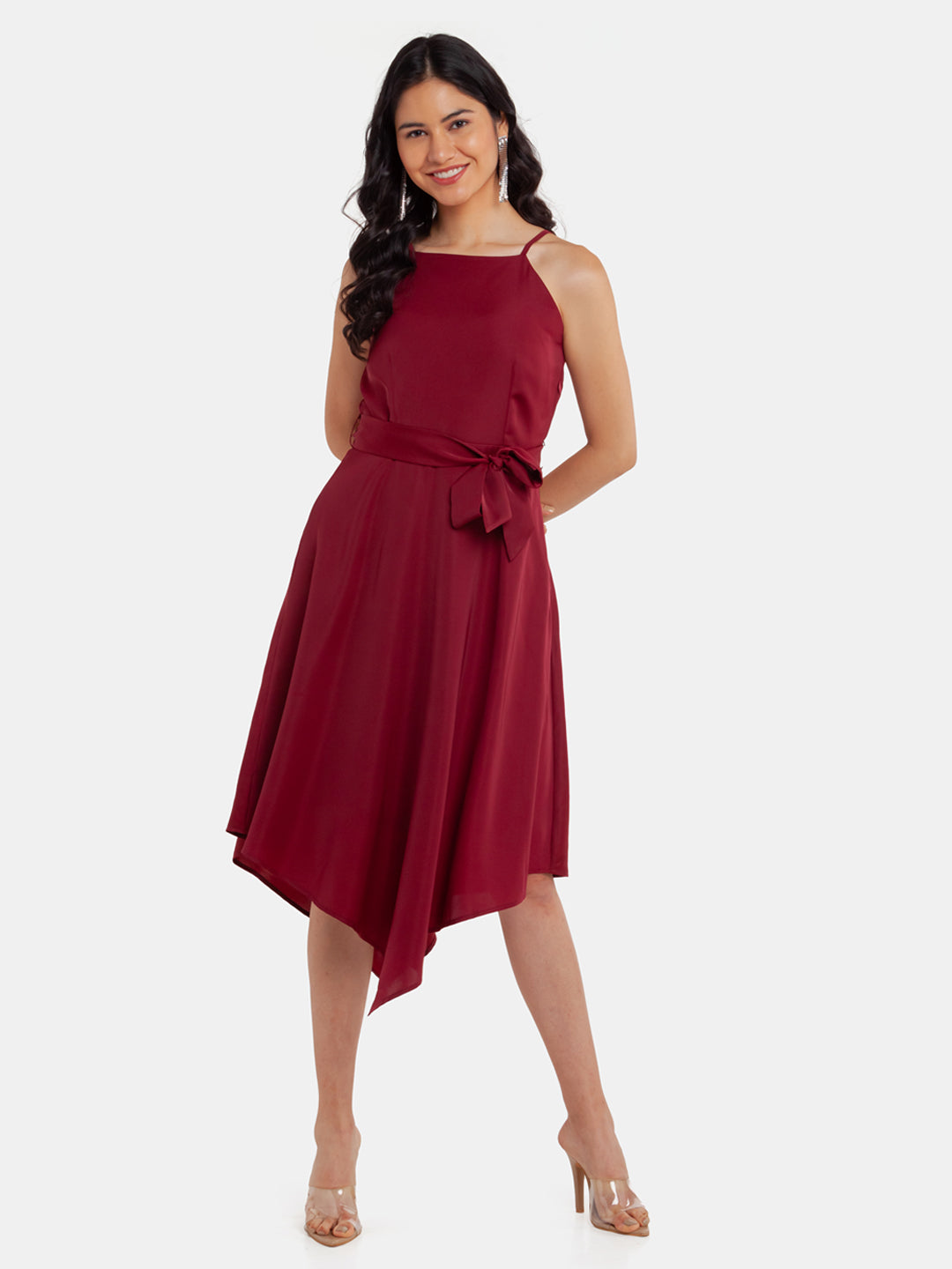 Maroon Solid Strappy Midi Dress