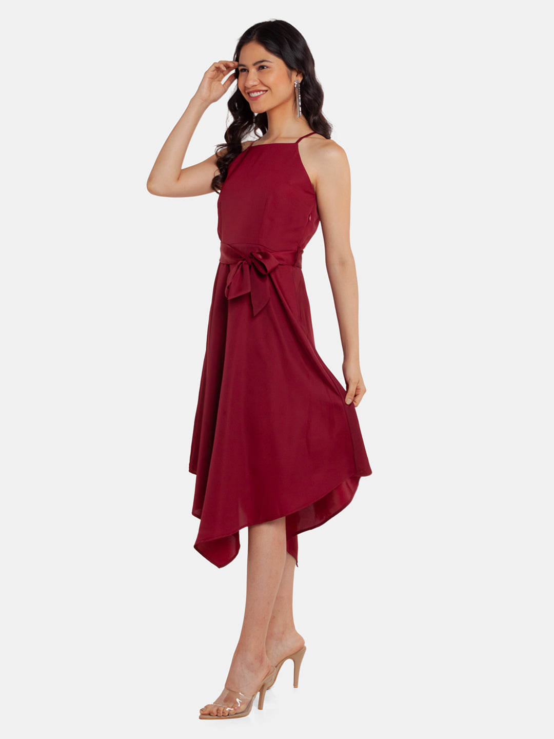 Maroon Solid Strappy Midi Dress