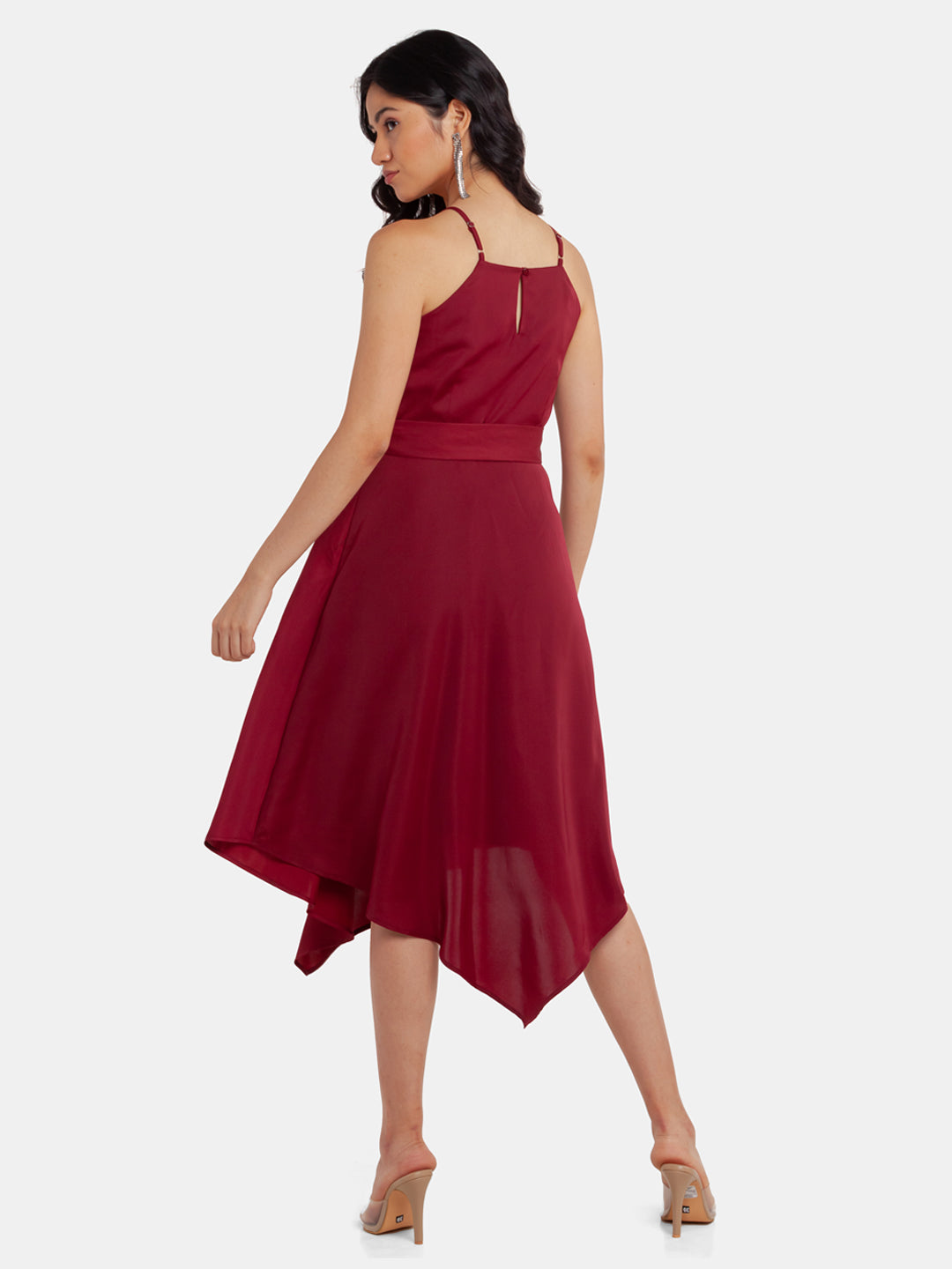 Maroon Solid Strappy Midi Dress