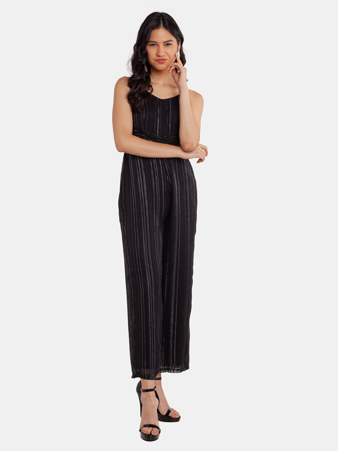 Black Striped Strappy Jumpsuit