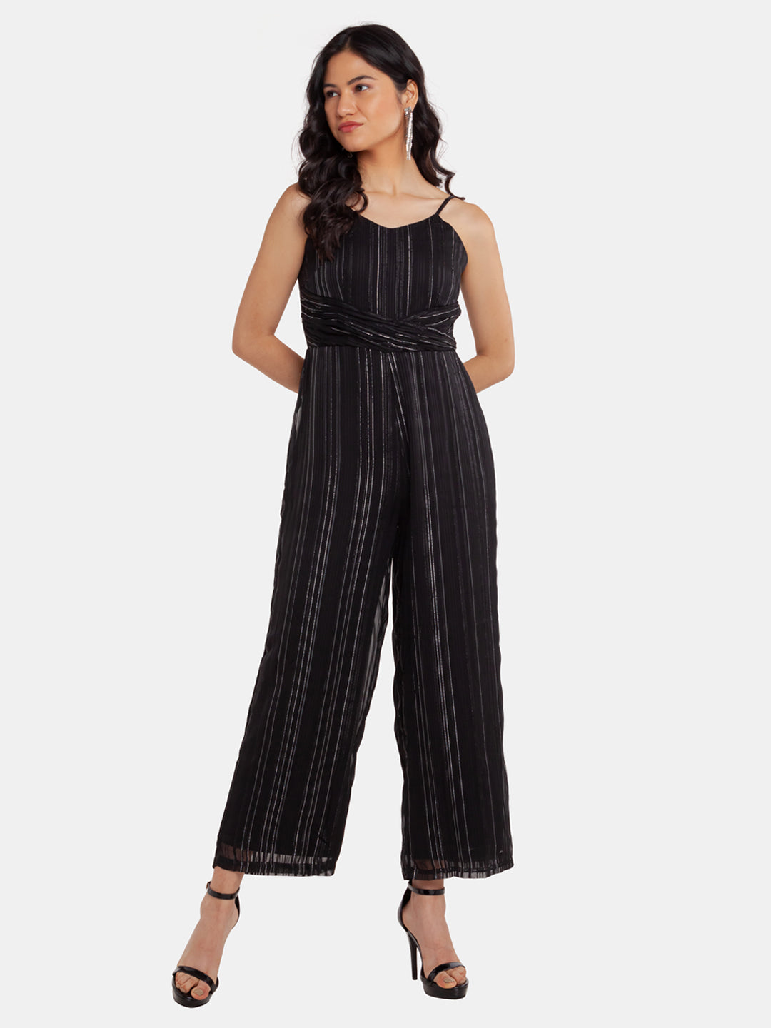 Black Striped Strappy Jumpsuit