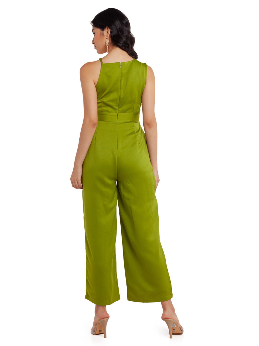 Green Solid Strappy Jumpsuit For Women