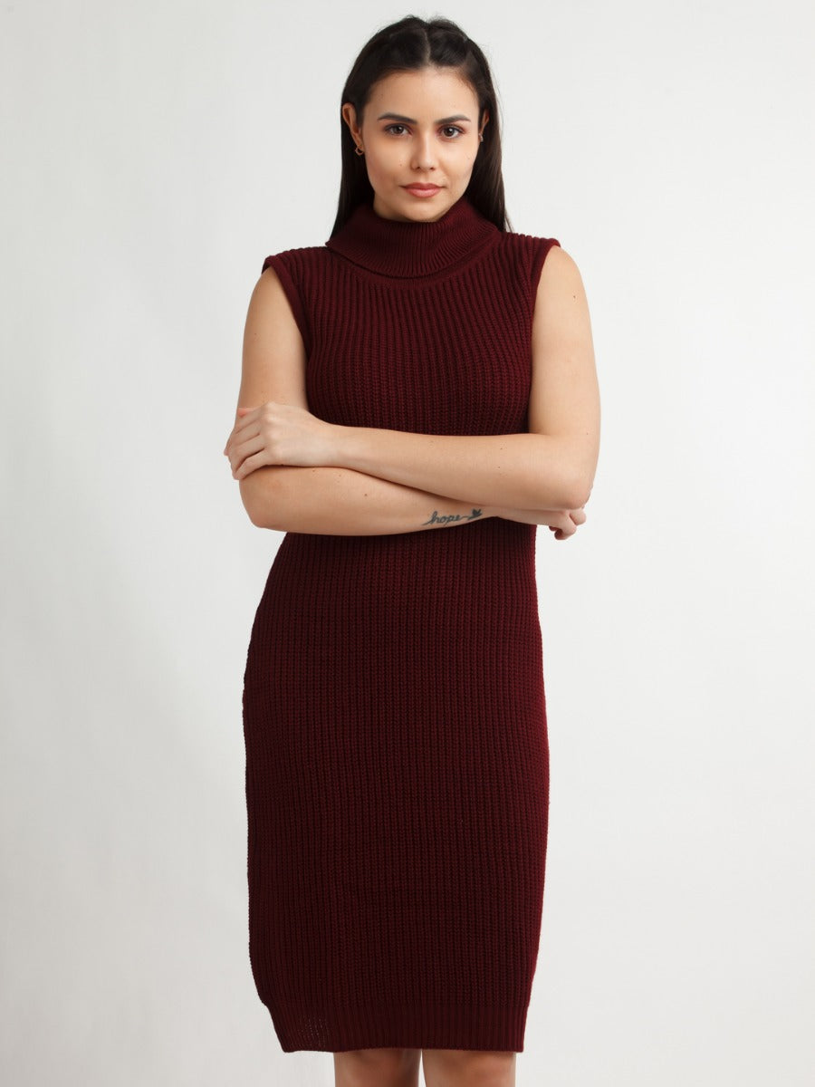 Maroon Solid Midi Dress