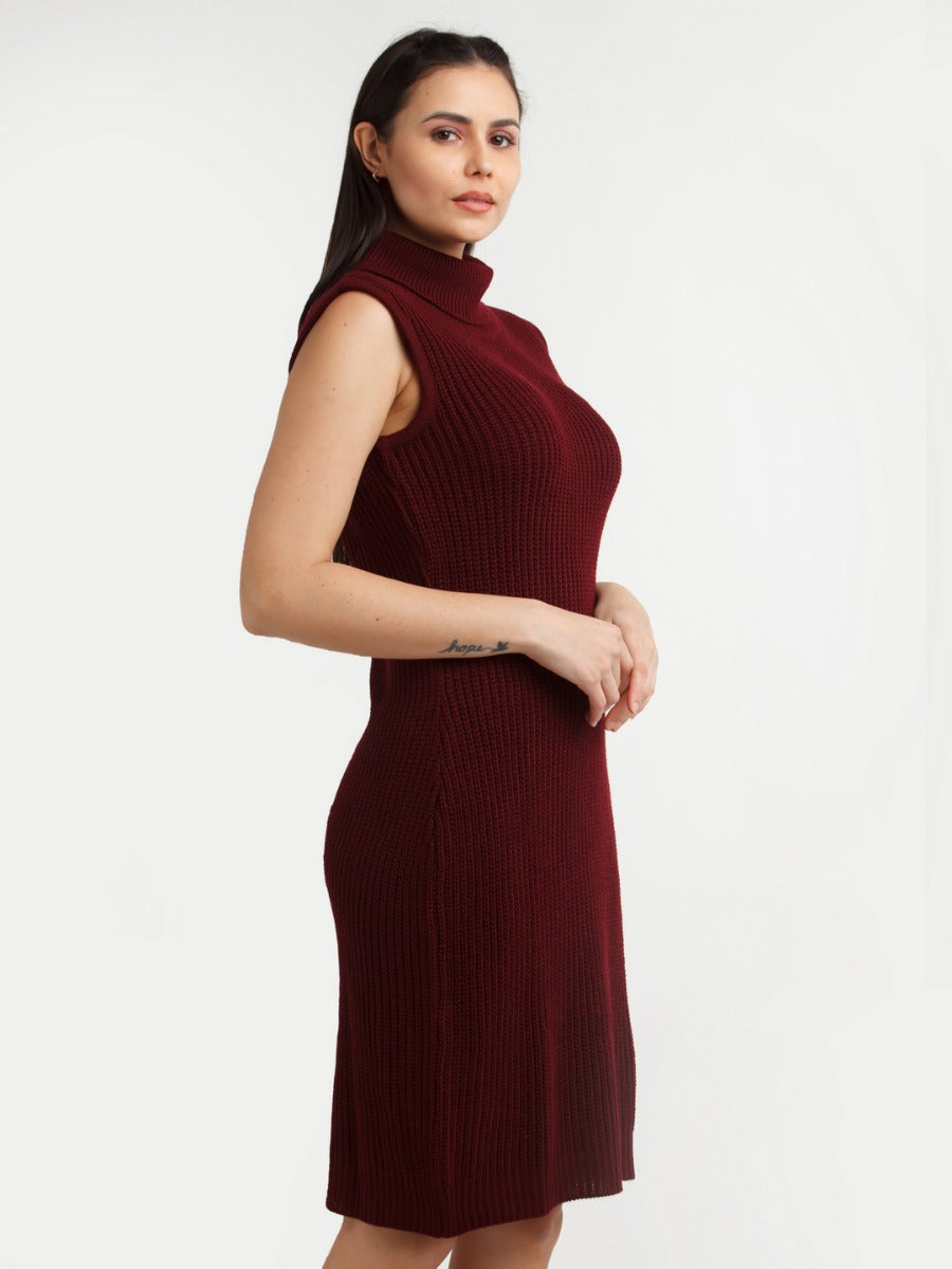 Maroon Solid Midi Dress