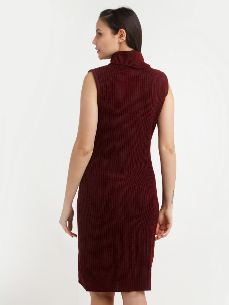 Maroon Solid Midi Dress